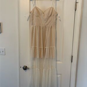 Lulu’s Romantic Spot Cream Polka Dot Mesh Tiered Midi Dress